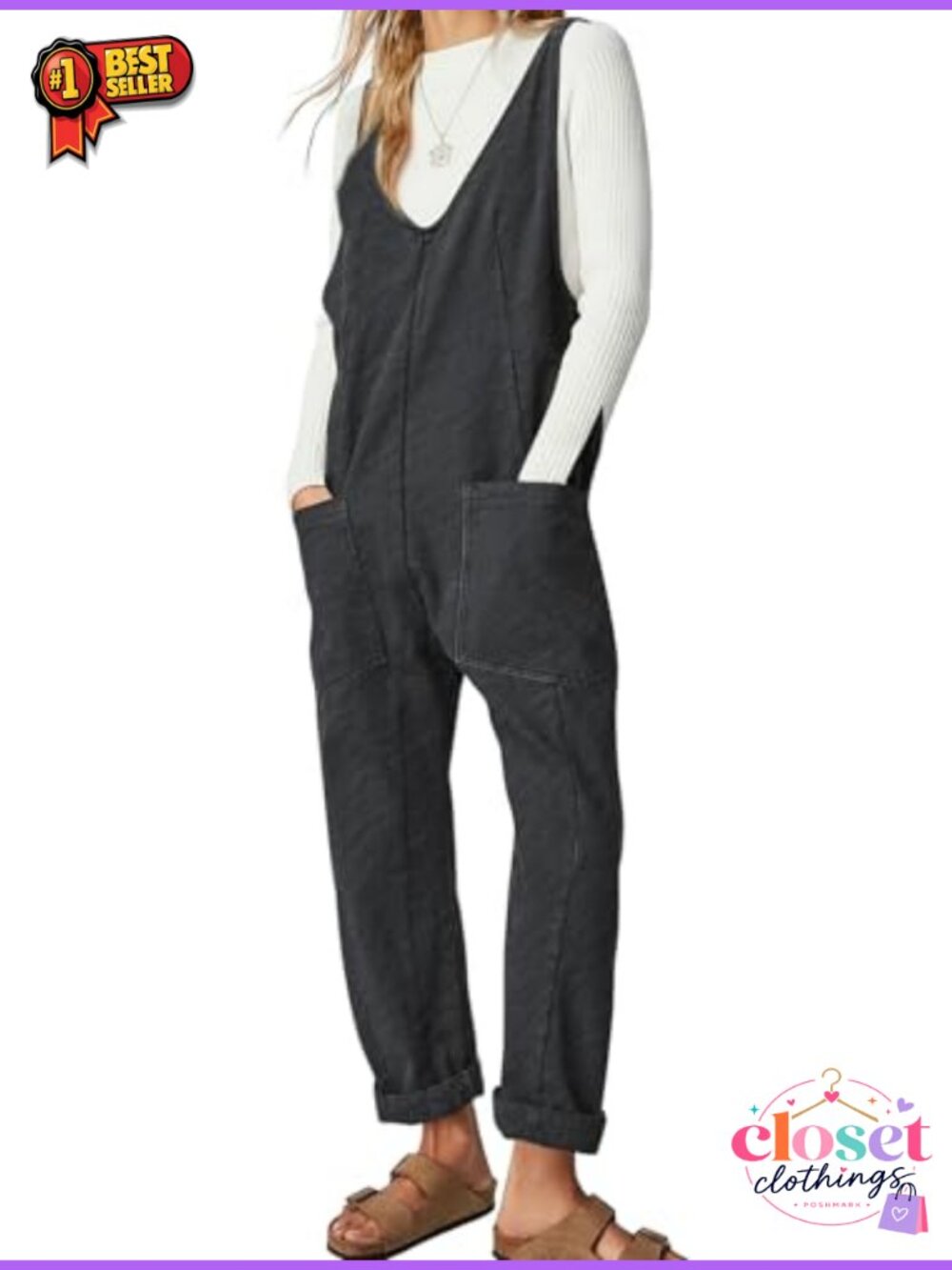 High Roller Denim Bib Overalls Loose Sleeveless Baggy Jumpsuit with Pockets